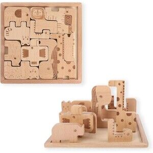 Wooden Animal Puzzle for Toddlers, 2-in-1 Safari Animal Puzzle & Stacking Toy